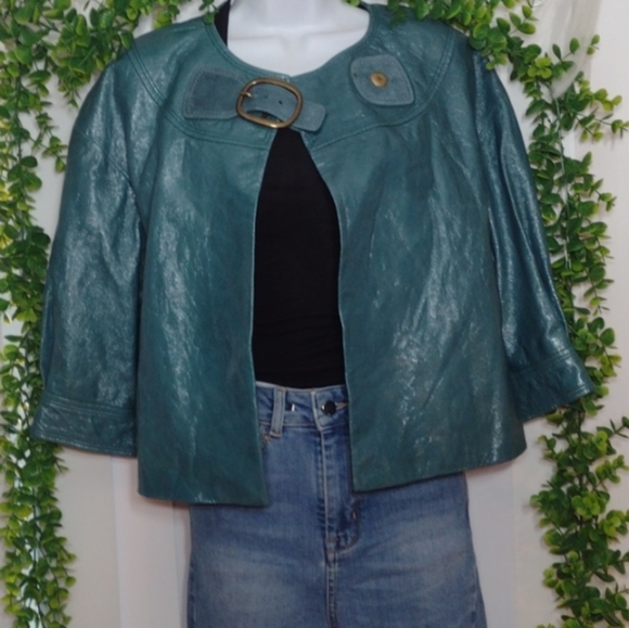 NEW Coach Cropped Distressed Leather Jacket in Teal Green - Picture 2 of 16